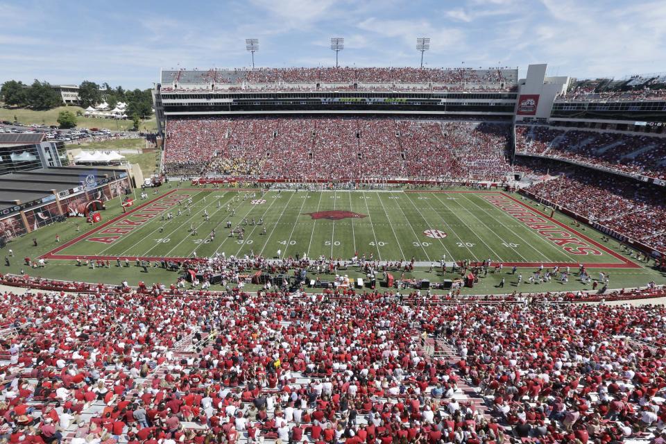 Fans watch game between Arkansas and Southern Mississippi at Reynolds Razorback Stadium in Fayetteville, Ark., Saturday, Sept. 14, 2013. | Danny Johnston, Associated Press