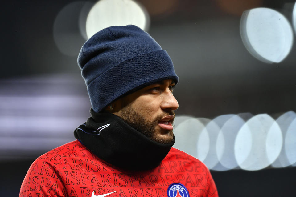 Neymar Jr of Paris Saint-Germain looks on during warmup before the Ligue 1 match between Paris Saint-Germain and Olympique Lyon at Parc des Princes on December 13, 2020 in Paris, France.