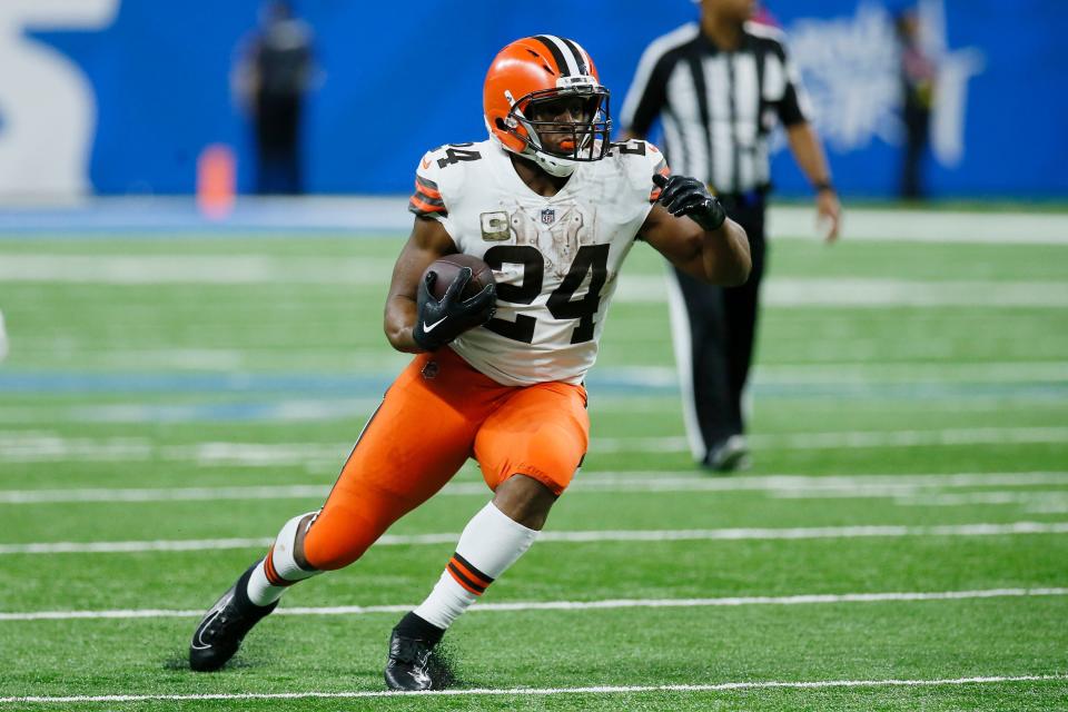 Browns running back Nick Chubb runs during the second half against the Buffalo Bills, Sunday, Nov. 20, 2022, in Detroit.