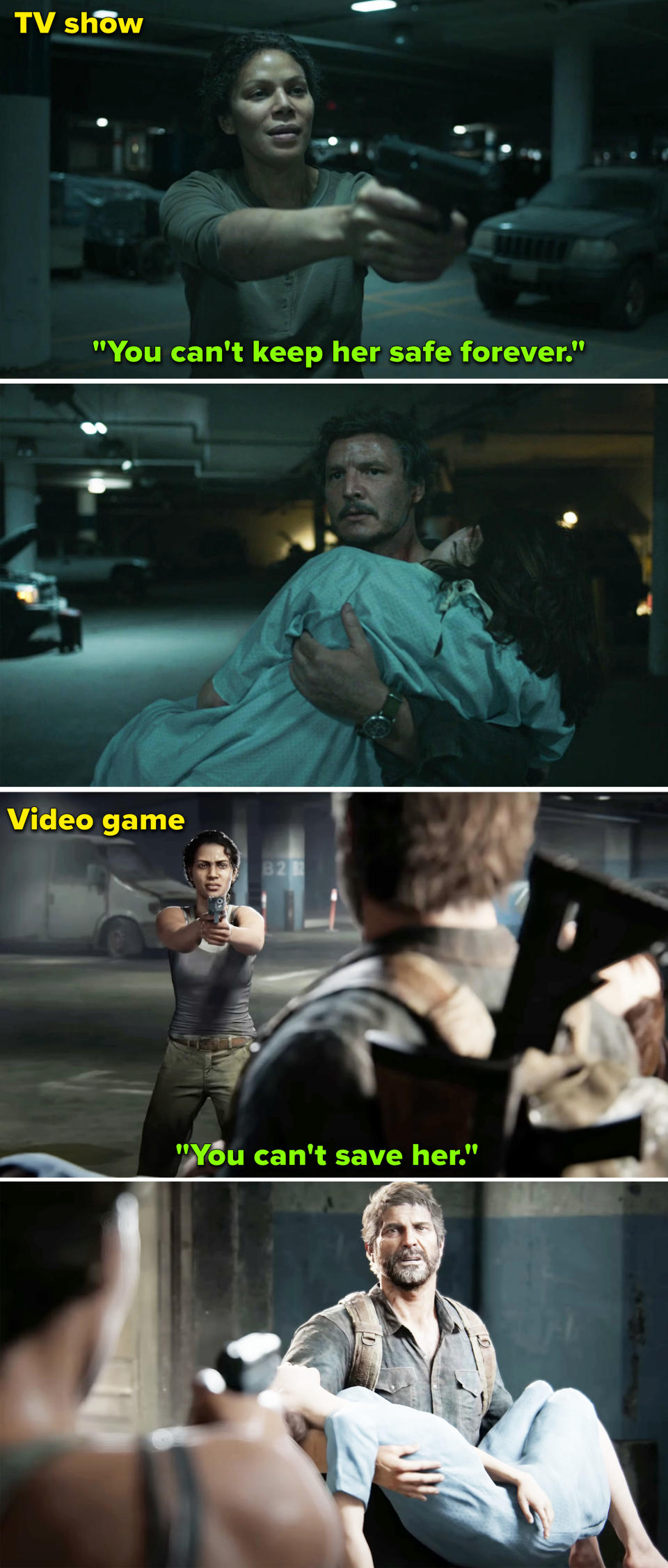 Side-by-side screenshots from "The Last of Us" movie and game