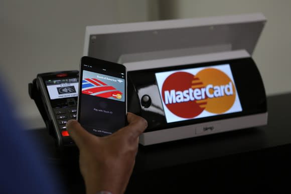 Card reader with the Mastercard logo, with a hand holding a mobile device over the reader.