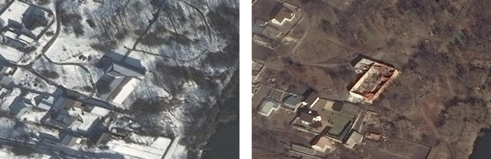 Satellite imagery shows the Ivankiv Historical and Local History Museum before, left, and after it was damaged by Russian shelling. (Maxar 2022)