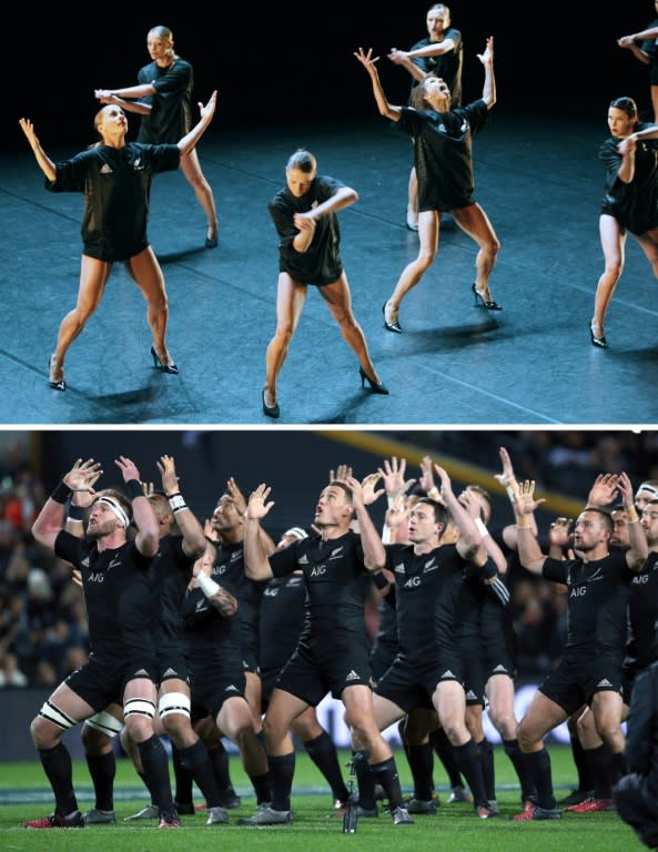 (Top) Dancers from France's Ballet Preljocaj perform a haka during a peformance by French choreographer Angelin Preljocaj titled "Haka"; (bottom) the New Zealand All Blacks perform the haka before a match