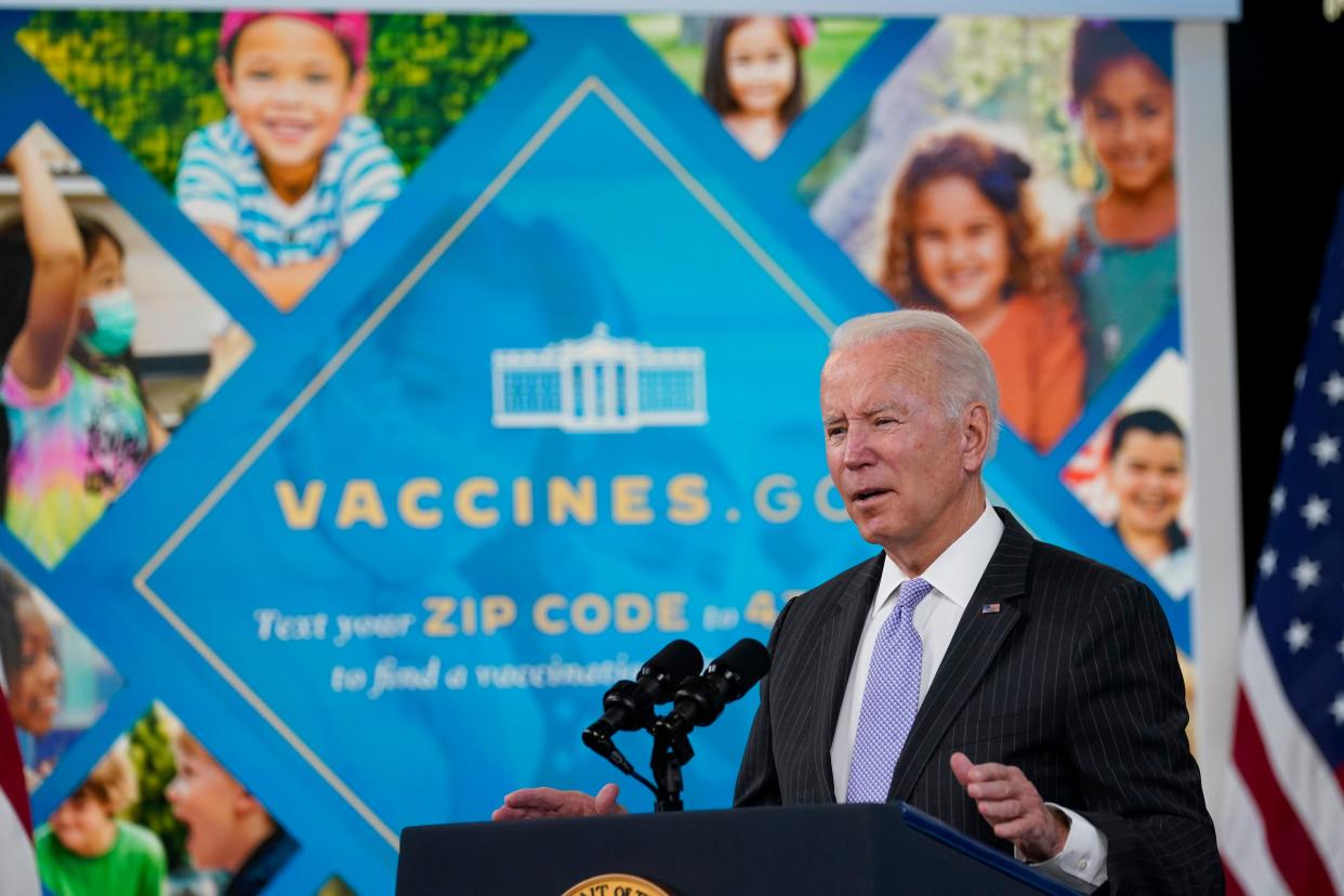 President Joe Biden talks about the newly approved COVID-19 vaccine for children ages 5-11 from the South Court Auditorium on the White House complex in Washington, Wednesday, Nov. 3, 2021.