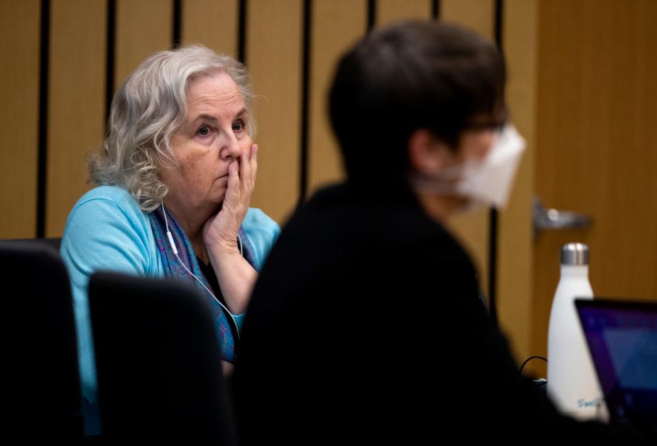 Nancy Crampton Brophy, left, accused of killing her husband Dan Brophy in June of 2018, is seen in court during her trial in Portland, Oregon, Tuesday, April 5, 2022.