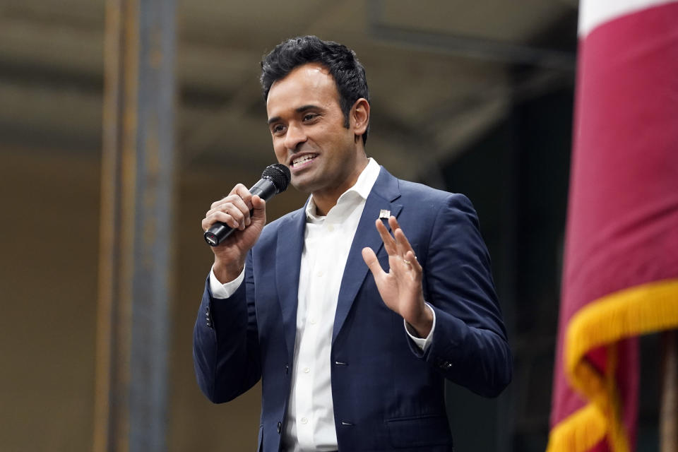 Republican presidential candidate businessman Vivek Ramaswamy speaks at a caucus site at Horizon Events Center, in Clive, Iowa, Monday, Jan. 15, 2024. (AP Photo/Andrew Harnik)