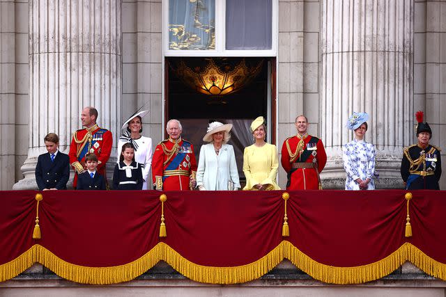 <p>HENRY NICHOLLS/AFP via Getty</p> The royal family at Trooping the Colour 2024