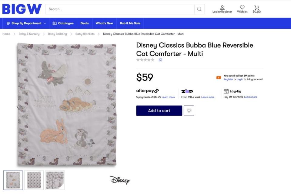Disney Classics Bubba Blue Reversible Cot Comforter on the Big W website