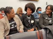 Jennifer Riley Collins (left), Sharon Jimerson and Whitney May of the Mississippi chapter of the Black Women's Roundtable attended a congressional briefing, Nov. 4, 2021, on voting rights hosted by Rep. Terri Sewell, D-Ala. “It’s important for voices like mine and Sharon’s to be heard,” said May, a graduate student at Jackson State University in Mississippi. “We can’t give up.”