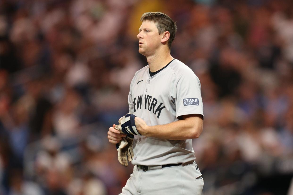 Jul 10, 2024; St. Petersburg, Florida, USA; New York Yankees third baseman DJ LeMahieu (26) reacts after striking out against the Tampa Bay Rays in the seventh inning at Tropicana Field. Mandatory Credit: Nathan Ray Seebeck-USA TODAY Sports