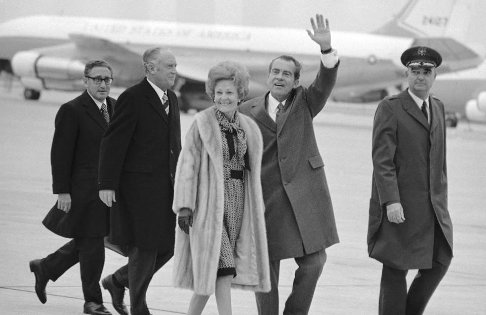 President Richard Nixon at Andrews Air Force Base near Washington on Feb. 17, 1972, leaving for his historic trip to China. Following him from the helicopter to Air Force One are first lady Pat Nixon, Secretary of State William P. Rogers and Dr. Henry A. Kissinger, left, the presidential adviser who first arranged the trip. (Photo: AP)
