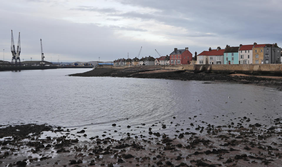 A view of the harbour in Hartlepool, England, Monday, Nov. 11, 2019. Hartlepool, a former shipbuilding center 250 miles (400 kms) north of London where unemployment is more than double the national average, is a town full of leavers. (AP Photo/Frank Augstein)