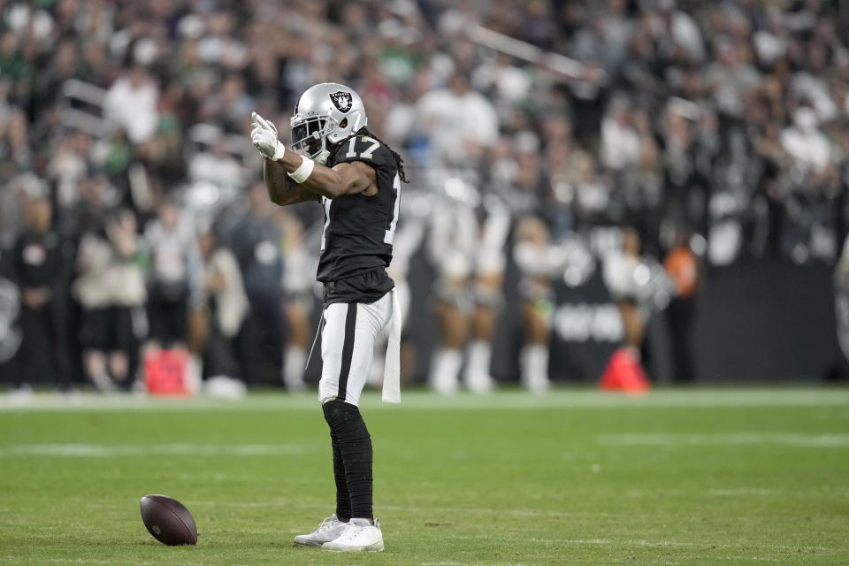 Las Vegas Raiders wide receiver Davante Adams celebrates after making a catch for a first down during the first half of an NFL football game against the New York Jets Sunday, Nov. 12, 2023, in Las Vegas. (AP Photo/John Locher)