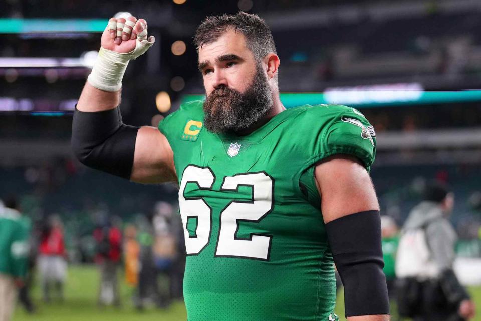 <p>Mitchell Leff/Getty</p> Jason Kelce in the jersey he gifted to a McDonald