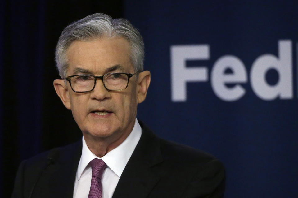 FILE - In this June 4, 2019, file photo Federal Reserve Chairman Jerome Powell speaks at a conference involving its review of its interest-rate policy strategy and communications in Chicago. The slightest hint that the Federal Reserve might lower interest rates often puts investors in a buying mood, stoking their expectations of greater stock market returns. But it doesn’t always work that way. (AP Photo/Kiichiro Sato, File)