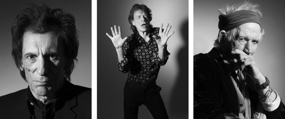 En un tríptico de tres fotografías, de izquierda a derecha: Keith Richards, Mick Jagger y Ronnie Wood de The Rolling Stones, en Nueva York, en agosto de 2023. (Thea Traff/The New York Times).