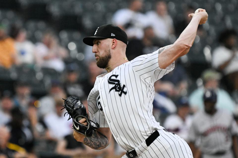 Chicago White Sox pitcher Garrett Crochet (45) delivers during against the Houston Astros on June 19 in Chicago.