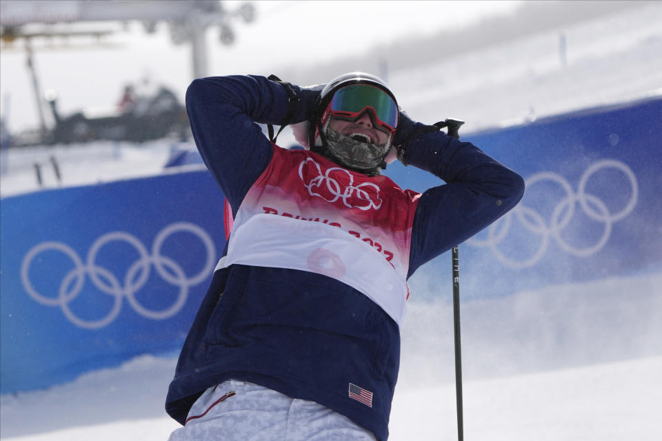 United States' David Wise reacts during the men's halfpipe finals at the 2022 Winter Olympics, Saturday, Feb. 19, 2022, in Zhangjiakou, China. (AP Photo/Lee Jin-man)