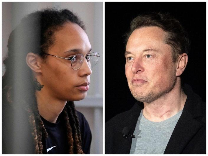Brittney Griner in a Russian jail cell (left) stitched next to Elon Musk (right)