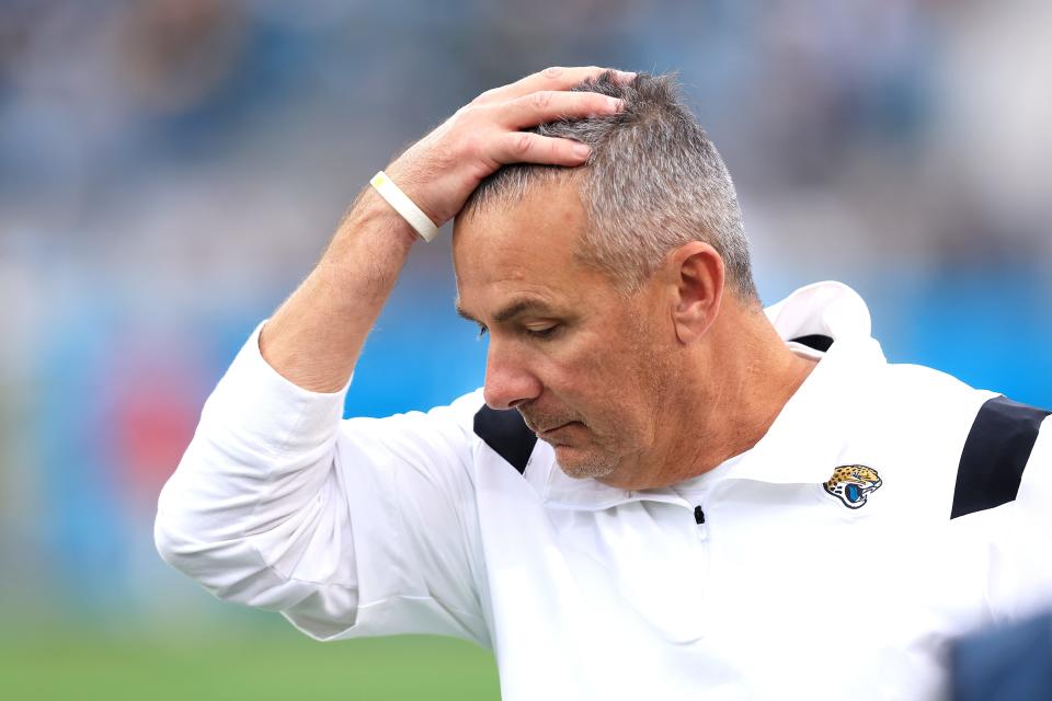 Head coach Urban Meyer of the Jacksonville Jaguars reacts during the game against the Atlanta Falcons at TIAA Bank Field on November 28, 2021 in Jacksonville, Florida.