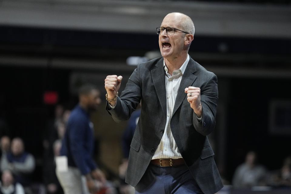 UConn head coach Dan Hurley reacts during the second half of an NCAA college basketball game against Butler, Friday, Jan. 5, 2024, in Indianapolis. (AP Photo/Darron Cummings)