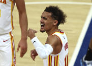 Atlanta Hawks' Trae Young (11) reacts to a call during the third quarter in Game 2 in an NBA basketball first-round playoff series against the New York Knicks on Wednesday, May 26, 2021, in New York. (Elsa/Pool Photo via AP)