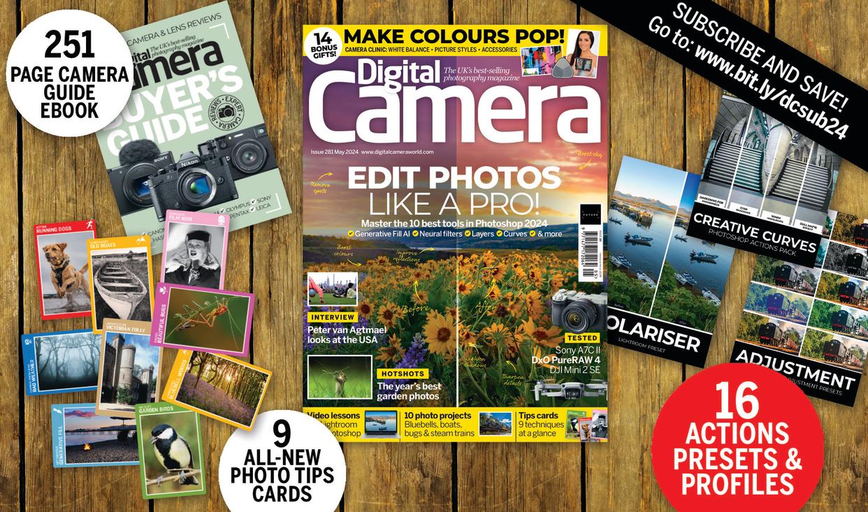  Photo montage of the 14 bonus gifts bundled with the May 2024 issue of Digital Camera. 