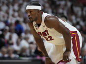 Miami Heat forward Jimmy Butler (22) looks up during the second half of Game 3 of the NBA Finals basketball game, Wednesday, June 7, 2023, in Miami. (AP Photo/Wilfredo Lee)