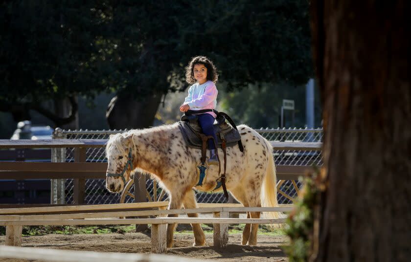 LOS ANGELES-CA - DECEMBER 6, 2022: Alessia Del Val, 4, rides a pony at Griffith Park Pony Rides on Tuesday, December 6, 2022. The city of Los Angeles will end its contract with Griffith Park Pony Rides due to threats of a lawsuit from an animal rights group. The group claims that the ponies were kept in inhumane conditions. Owner, Steve Weeks, is looking for new homes for its ponies. (Christina House / Los Angeles Times)