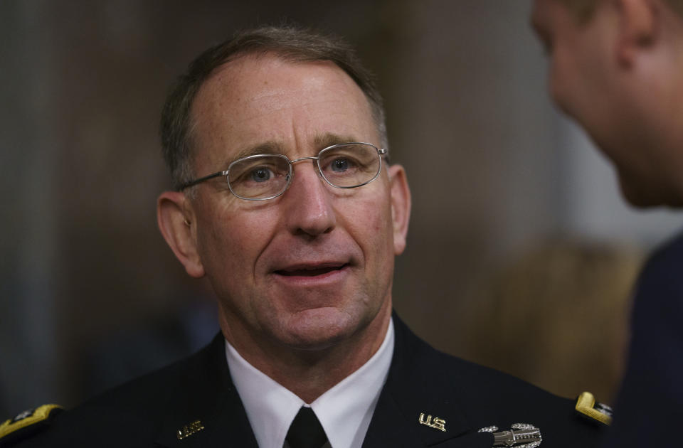 Gen. Robert Abrams talks after a Senate Armed Services Committee hearing on Capitol Hill in Washington, Tuesday, Sept. 25, 2018. Gen. Abrams is nominated to take command of U.S. and allied forces in South Korea and says the decision to cancel several major military exercises on the Korean peninsula this year caused a slight degradation in the readiness of American forces. (AP Photo/Carolyn Kaster)