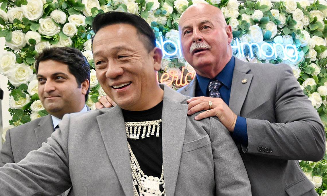 The Fresno Center CEO Pao Yang, center, with councilperson Mike Karbassi, left, and Fresno Mayor Jerry Dyer, right, laugh together as they have photos taken at the 2023 Hmong American Day celebration held at The Fresno Center Saturday, May 13, 2023 in Fresno. The event which included a ramen bar, music and fashion featured a proclamation by Fresno Mayor Jerry Dyer recognizing Hmong American Day and the history and contributions of the Hmong to the Valley.