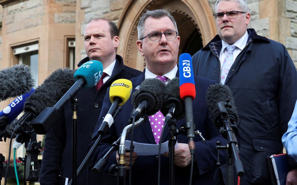 DUP leader Jeffrey Donaldson speaks to the media at the Culloden Hotel in Belfast