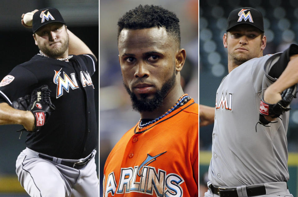 This photo combo made from file photos shows Miami Marlins players, from left, pitcher Mark Buehrle, shortstop Jose Reyes, and pitcher Josh Johnson. Miami traded the three players to the Toronto Blue Jays, a person familiar with the agreement said Tuesday, Nov. 13, 2012. The person confirmed the trade to The Associated Press on condition of anonymity because the teams weren't officially commenting. The person said the trade sent several of the Blue Jays' best young players to Miami. (AP Photos)