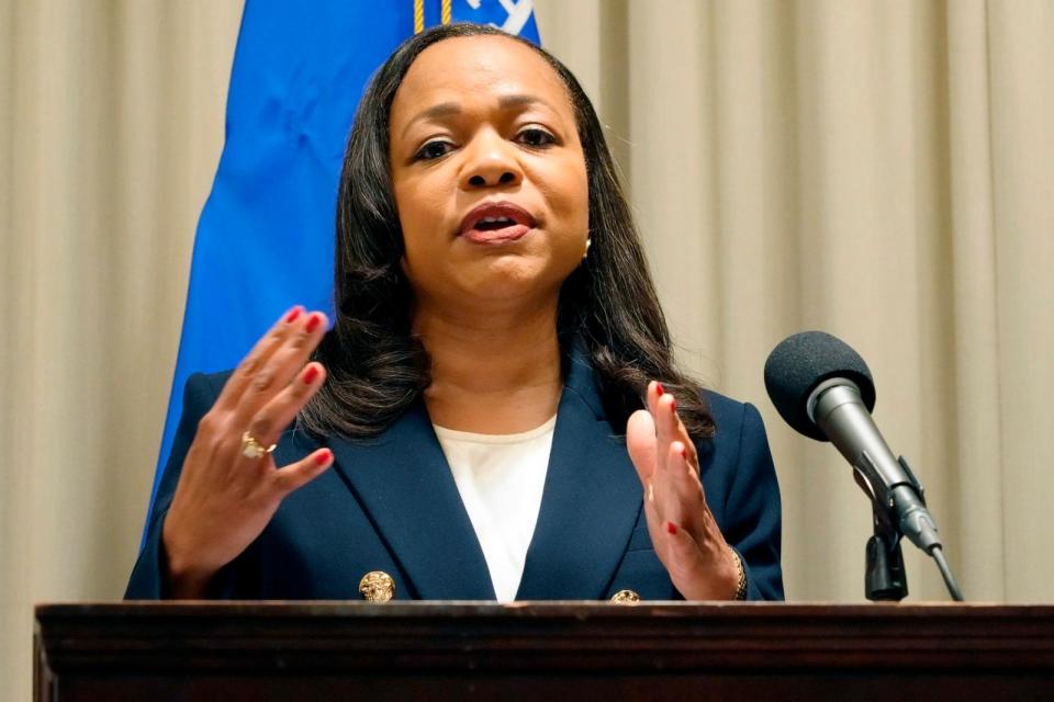 PHOTO: Assistant Attorney General Kristen Clarke of the Department of Justice Civil Rights Division announces at a news conference, Nov. 8, 2023, in Jackson, Miss. (Rogelio V. Solis/AP)