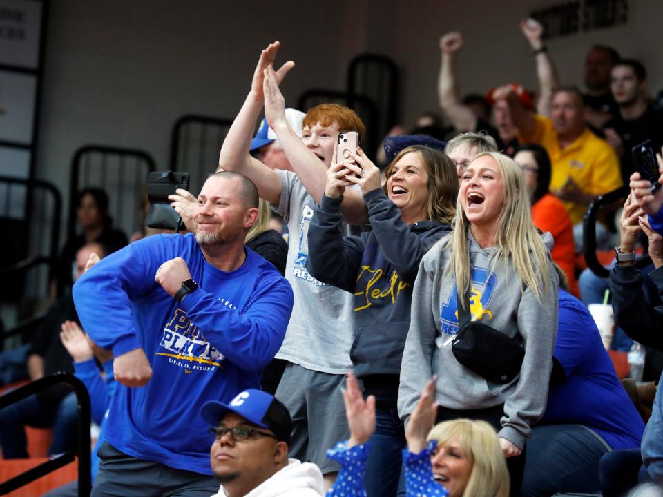 Philo fans cheer on Drew Lincicome during his 3-1 win against Minerva's Kaiden Haines during the finals at 190 pounds at the Division II district tournament on Saturday at Steubenville High School. It was the second time in two weeks that Lincicome defeated the third-ranked Haines in the finals. 