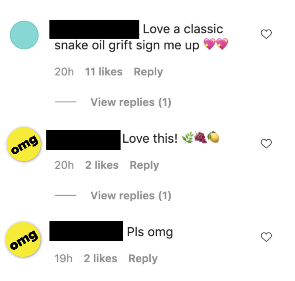 Instagram comments reading: "Love a classic snake oil grift sign me up", "Love this," and "pls omg"