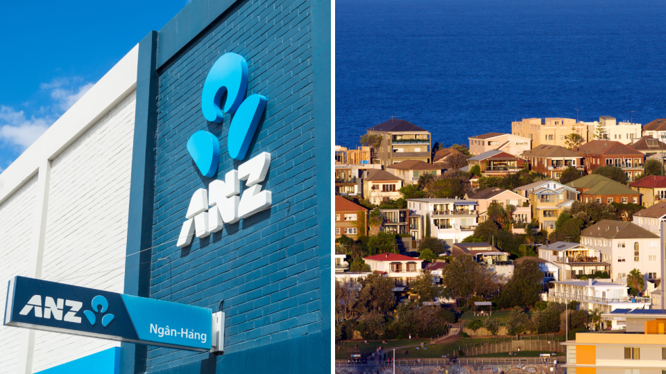 The exterior of a building with ANZ branding and an aerial view of property in Australia.