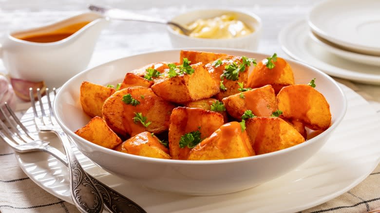 patatas bravas in white bowl