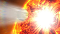 This NASA image obtained July 11, 2012 shows an artist's rendering which illustrates the evaporation of HD 189733b's atmosphere in response to a powerful eruption from its host star. The exoplanet is a gas giant similar to Jupiter, but about 14 percent larger and more massive. The planet circles its star at a distance of only 3 million miles, or about 30 times closer than Earth's distance from the sun. Its star, named HD 189733A, is about 80 percent the size and mass of our sun. Exoplanet HD 189733b lies so near its star that it completes an orbit every 2.2 days. In late 2011, NASA's Hubble Space Telescope found that the planet's upper atmosphere was streaming away at speeds exceeding 300,000 mph. Just before the Hubble observation, NASA's Swift detected the star blasting out a strong X-ray flare, one powerful enough to blow away part of the planet's atmosphere.