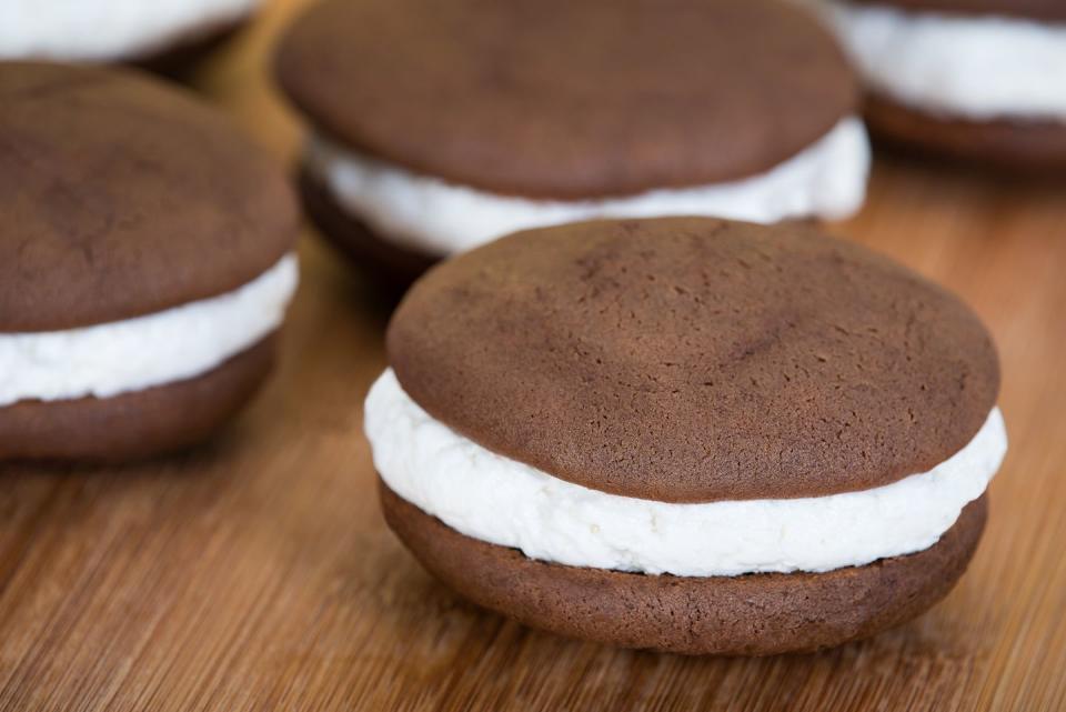 <p><strong>State Treat: Whoopie Pie </strong></p><p>This delicious sweet has been reportedly baked in the state of <a href="https://www.maine.gov/sos/kids/about/symbols/treat" rel="nofollow noopener" target="_blank" data-ylk="slk:Maine since the 1920s;elm:context_link;itc:0;sec:content-canvas" class="link ">Maine since the 1920s</a>, and consists of two delicious chocolate cakes with a creamy white filling sandwiched in the middle. If you don't like sweet stuff, you might be more inclined to try Maine's official state drink, Moxie soda, which has a bitter and acquired taste. </p>