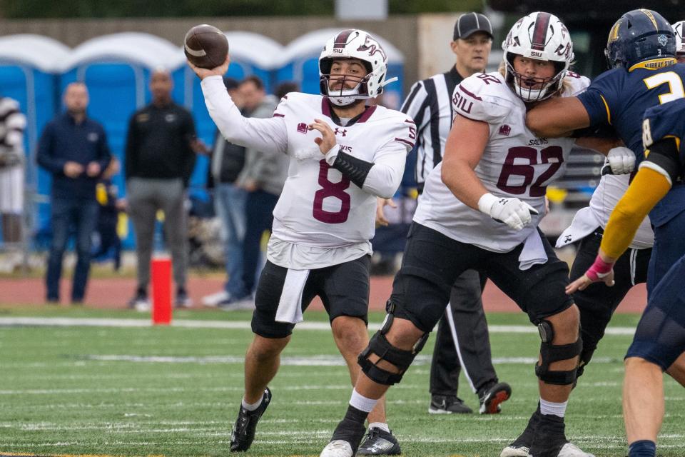 Southern Illinois University quarterback Nic Baker became the Salukis' all-time leader in passing yards in SIU's 27-6 win over Murray State on Saturday, Oct. 14, 2023. Baker is a 2018 graduate of Rochester High School and led the Rockets to state championships in 2016 and 2017.