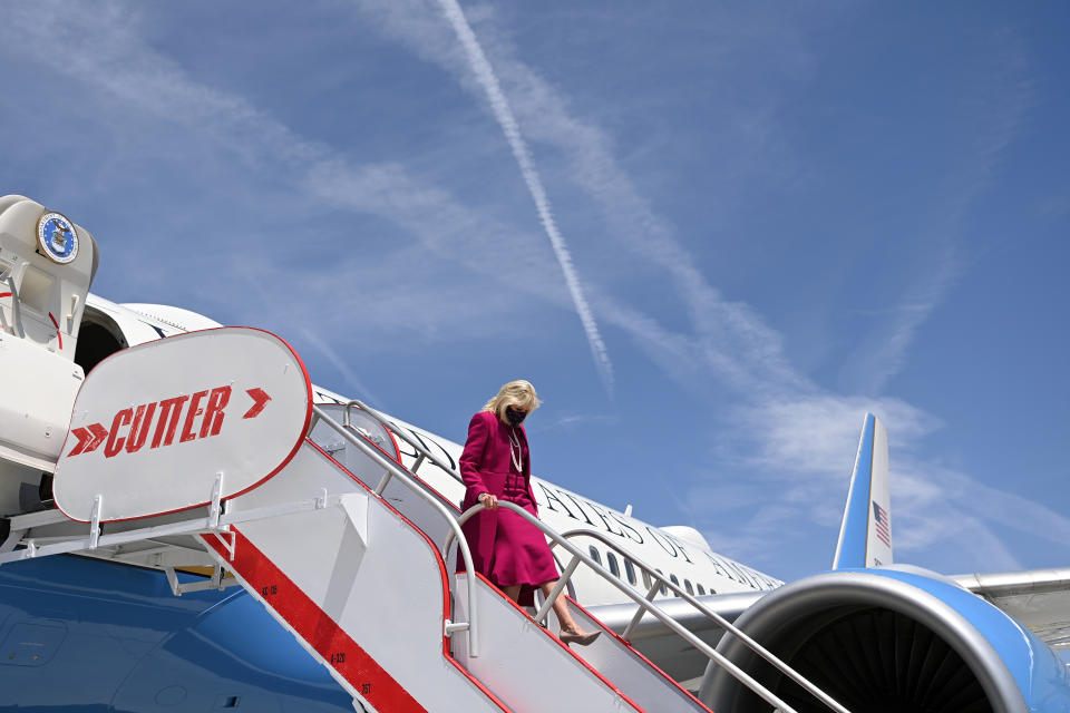 First lady Jill Biden arrives at Albuquerque International Sunport in Albuquerque, N.M., Tuesday, April 21, 2021. (Mandel Ngan/Pool via AP)