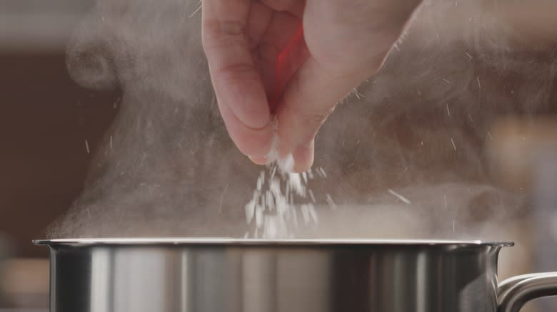 Hand adding salt to steaming pot 