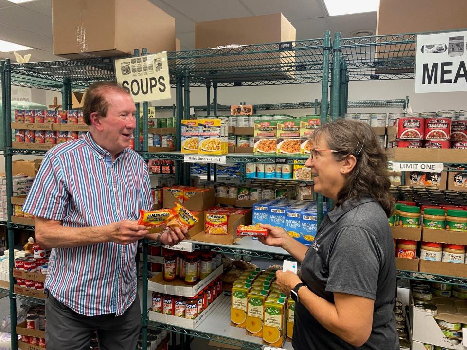 Doc Stumbo, a co-founder of the Make A Difference Day food drive in Richland County 20 years ago, and Sue Dyson, who oversees the Catholic Charities food pantry, Monday talked about the need for items including Ramen noodles. which the pantry always runs out of. The food drive is Oct. 20 from 7 a.m. to 10 a.m. outside Dan Lew Exchange on North Main Street and helps restock the pantries at Catholic Charities and Wayfinders.