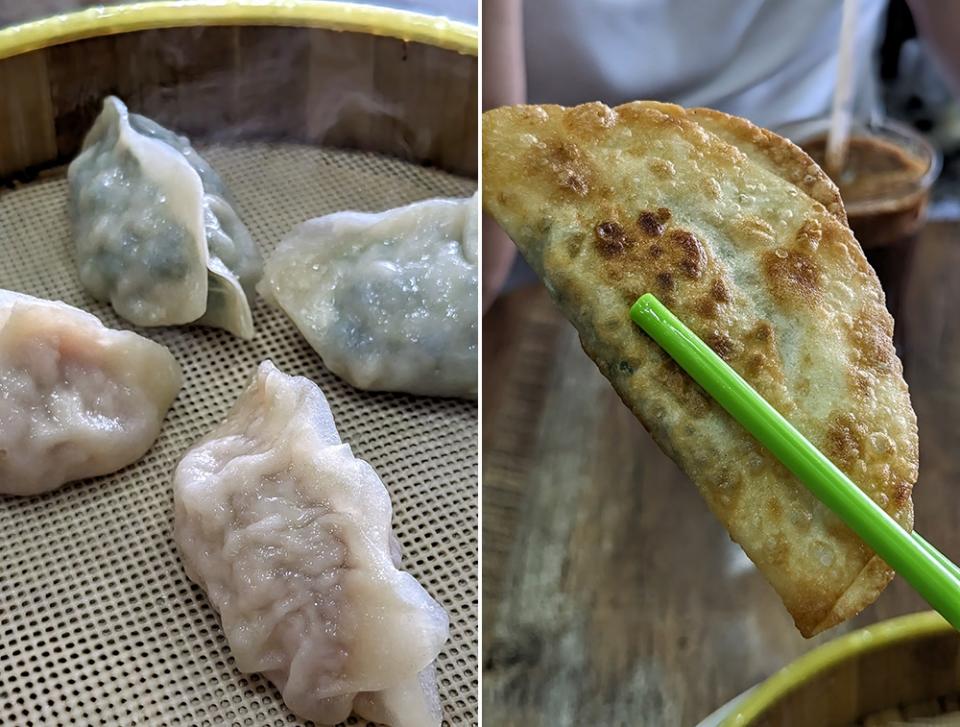Two pairs of 'jiaozi', still steaming in their baskets (left). A crispy, golden and delicious 'guotie' (right).