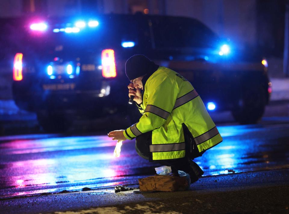 Brockton police and Massachusetts State Police investigate a pedestrian crash near 201 North Quincy St. in Brockton on the Abington line on Tuesday, Feb. 28, 2023.