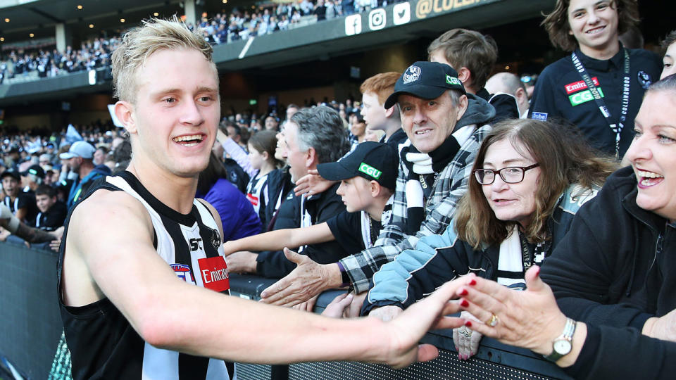 Jaidyn Stephenson pictured celebrating Collingwood's win over St Kilda. Pic: Getty