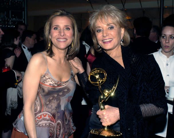 PHOTO: Meredith Vieira and Barbara Walters celebrate their win for Best Daytime Talk Show at the ABC after party for the 30th Annual Daytime Emmy Awards, on May 16, 2003, in New York. (Myrna Suarez/Getty Images, FILE)