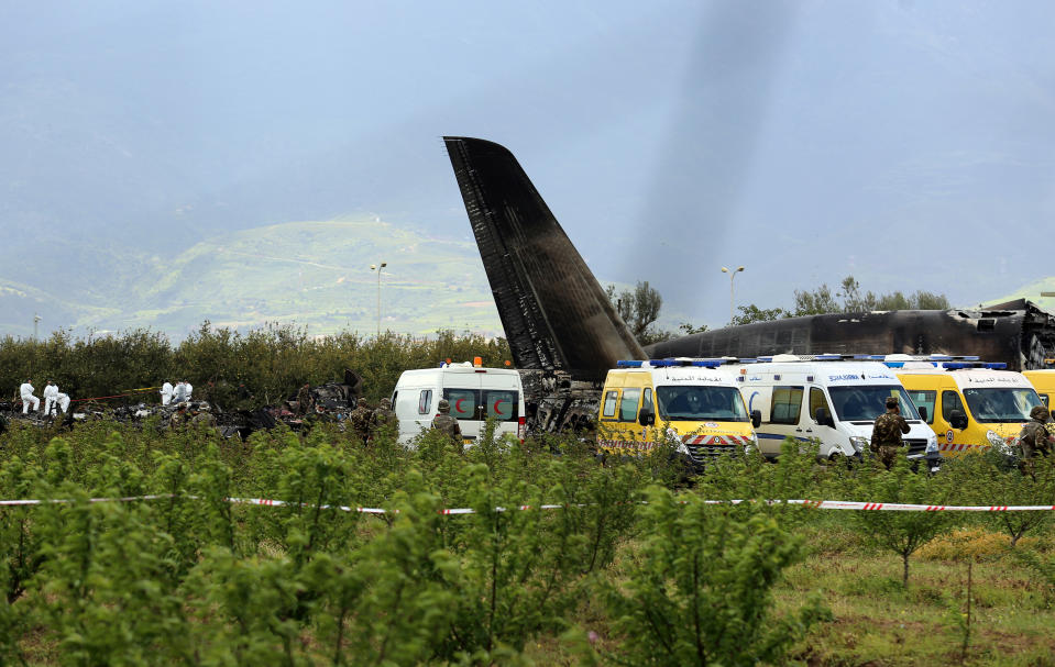 <p>An Algerian military plane is seen after crashing near an airport outside the capital Algiers, Algeria April 11, 2018 (Photo: Ramzi Boudina/Reuters) </p>