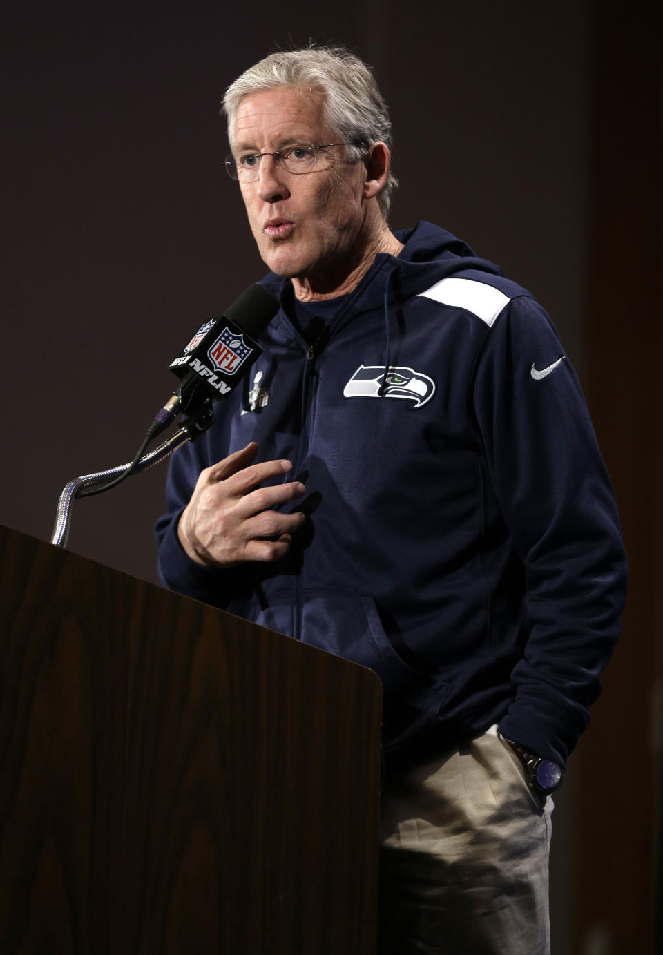 Seattle Seahawks head coach Pete Carroll answers a question during a news conference Monday, Jan. 27, 2014, in Jersey City, N.J. The Seahawks and the Denver Broncos are scheduled to play in the Super Bowl XLVIII football game Sunday, Feb. 2, 2014. (AP Photo/Jeff Roberson)